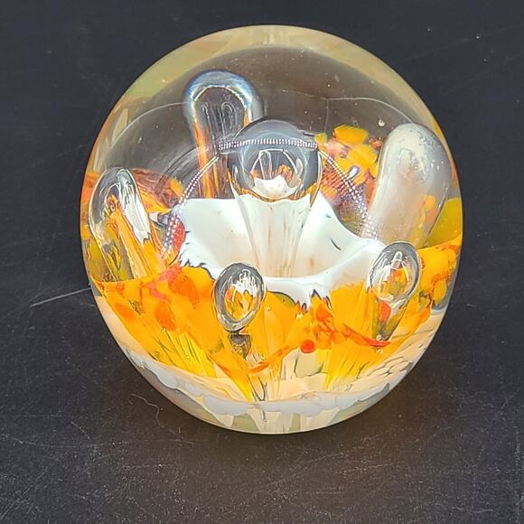 Art Glass White Orange Florals Controlled Bubbles Paperweight - Picture 1 of 4